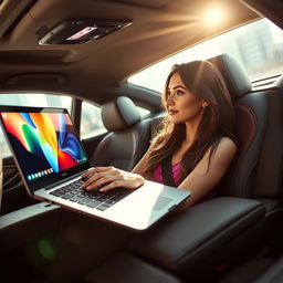 A sleek, modern laptop resting on the passenger seat of a stylish car, with a beautiful young woman sitting in the driver's seat