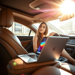 A sleek, modern laptop resting on the passenger seat of a stylish car, with a beautiful young woman sitting in the driver's seat