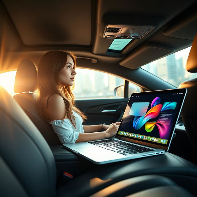 A sleek, modern laptop resting on the passenger seat of a stylish car, with a beautiful young woman sitting in the driver's seat