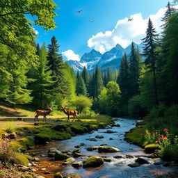 A luxurious thick forest filled with towering trees, their leaves a vibrant green, creating a lush canopy overhead