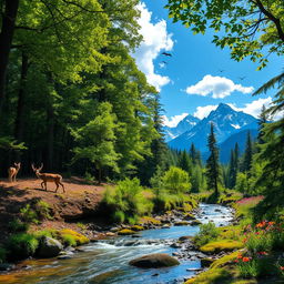 A luxurious thick forest filled with towering trees, their leaves a vibrant green, creating a lush canopy overhead