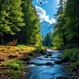 A luxurious thick forest filled with towering trees, their leaves a vibrant green, creating a lush canopy overhead