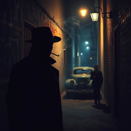 A dark, atmospheric scene depicting a mafia-themed setting