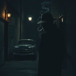 A dark, atmospheric scene depicting a mafia-themed setting