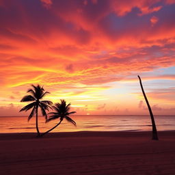 a beautiful sunset over a tranquil beach, with vibrant hues of orange, pink, and purple filling the sky, reflecting off the calm waters, silhouetted palm trees gently swaying in the breeze, and soft golden sands leading to the shoreline