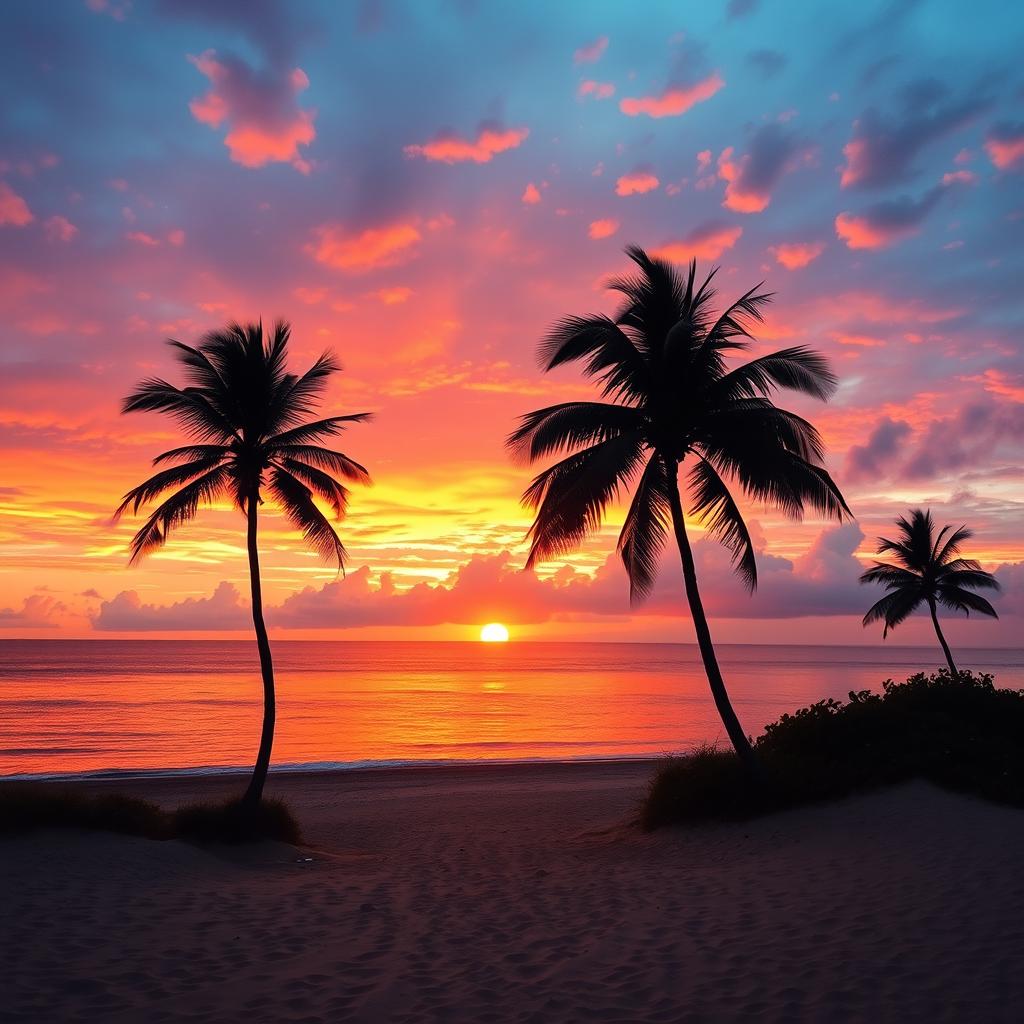 a beautiful sunset over a tranquil beach, with vibrant hues of orange, pink, and purple filling the sky, reflecting off the calm waters, silhouetted palm trees gently swaying in the breeze, and soft golden sands leading to the shoreline