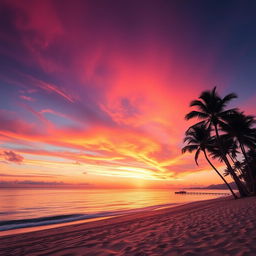 a beautiful sunset over a tranquil beach, with vibrant hues of orange, pink, and purple filling the sky, reflecting off the calm waters, silhouetted palm trees gently swaying in the breeze, and soft golden sands leading to the shoreline