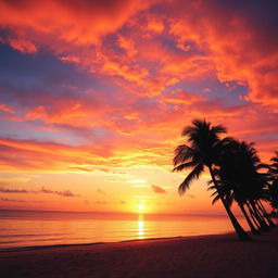 a beautiful sunset over a tranquil beach, with vibrant hues of orange, pink, and purple filling the sky, reflecting off the calm waters, silhouetted palm trees gently swaying in the breeze, and soft golden sands leading to the shoreline
