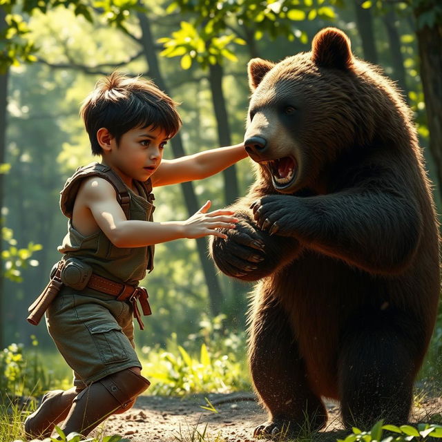 A boy with determination as he pushes a bear away, showcasing the boy's bravery and the bear's surprise