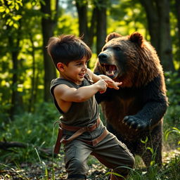 A boy with determination as he pushes a bear away, showcasing the boy's bravery and the bear's surprise