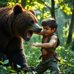 A boy with determination as he pushes a bear away, showcasing the boy's bravery and the bear's surprise