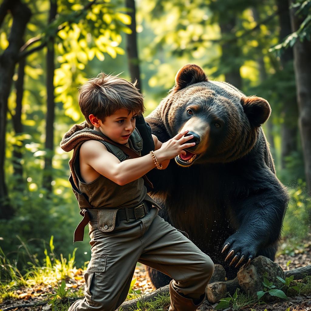 A boy with determination as he pushes a bear away, showcasing the boy's bravery and the bear's surprise