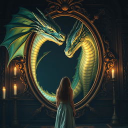 A mesmerizing scene featuring a majestic dragon reflected in a large ornate mirror
