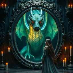 A mesmerizing scene featuring a majestic dragon reflected in a large ornate mirror