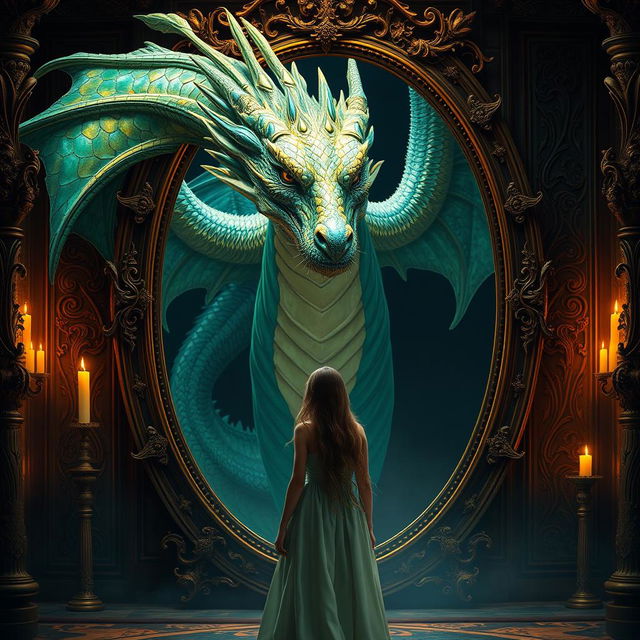 A mesmerizing scene featuring a majestic dragon reflected in a large ornate mirror