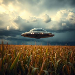 A striking and mysterious scene of a UFO hovering above a vast cornfield, capturing the essence of a sci-fi documentary