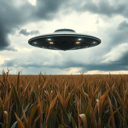 A striking and mysterious scene of a UFO hovering above a vast cornfield, capturing the essence of a sci-fi documentary