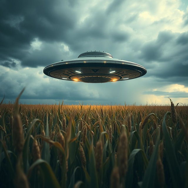 A striking and mysterious scene of a UFO hovering above a vast cornfield, capturing the essence of a sci-fi documentary