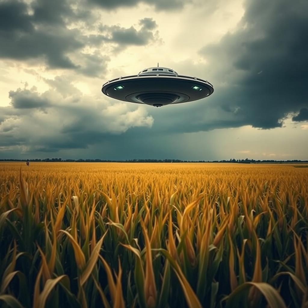 A striking and mysterious scene of a UFO hovering above a vast cornfield, capturing the essence of a sci-fi documentary