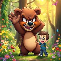 A cartoon bear character showcasing a fierce expression, angrily waving away a smaller cartoon boy, emphasizing a playful yet intense interaction