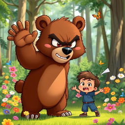 A cartoon bear character showcasing a fierce expression, angrily waving away a smaller cartoon boy, emphasizing a playful yet intense interaction
