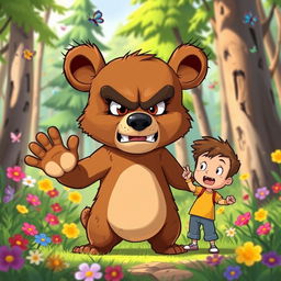 A cartoon bear character showcasing a fierce expression, angrily waving away a smaller cartoon boy, emphasizing a playful yet intense interaction