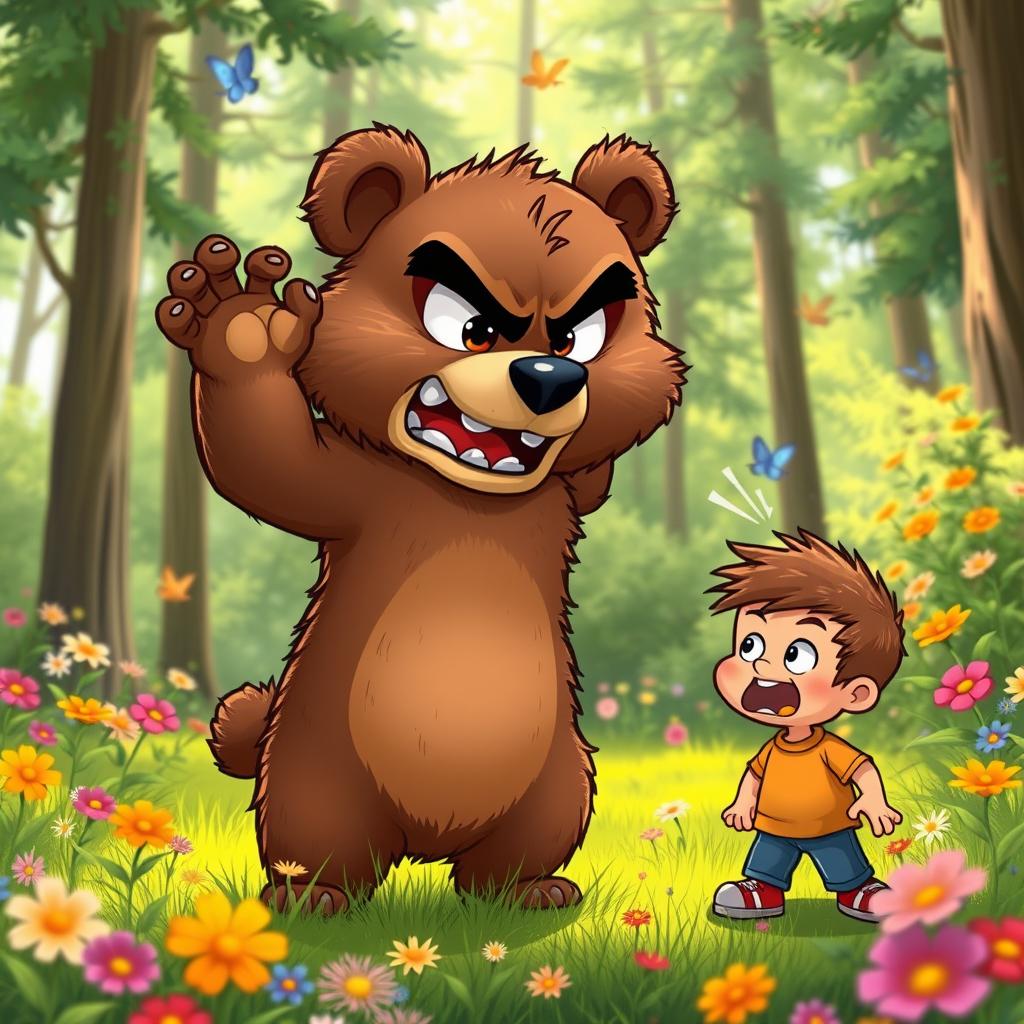 A cartoon bear character showcasing a fierce expression, angrily waving away a smaller cartoon boy, emphasizing a playful yet intense interaction