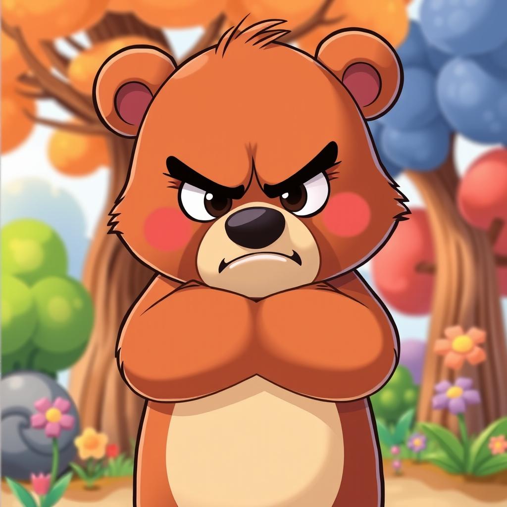 A cartoon bear character, known for its kind and friendly demeanor, is displaying an unusual moment of anger