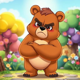 A cartoon bear character, known for its kind and friendly demeanor, is displaying an unusual moment of anger