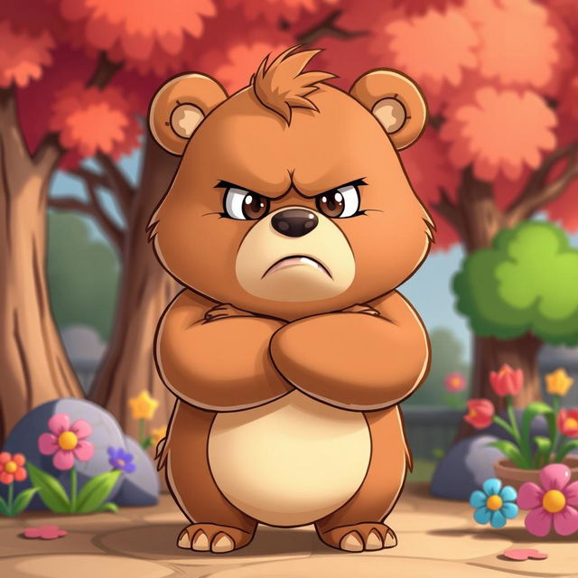 A cartoon bear character, known for its kind and friendly demeanor, is displaying an unusual moment of anger