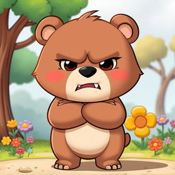 A cartoon bear character, known for its kind and friendly demeanor, is displaying an unusual moment of anger
