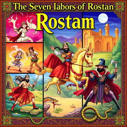 The Seven Labors of Rostam, a legendary Persian hero from the Shahnameh, depicted in vibrant and detailed illustrations