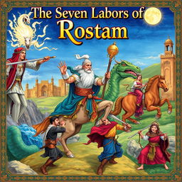The Seven Labors of Rostam, a legendary Persian hero from the Shahnameh, depicted in vibrant and detailed illustrations