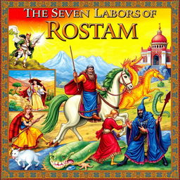 The Seven Labors of Rostam, a legendary Persian hero from the Shahnameh, depicted in vibrant and detailed illustrations