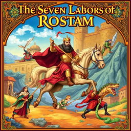 The Seven Labors of Rostam, a legendary Persian hero from the Shahnameh, depicted in vibrant and detailed illustrations