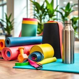 A vibrant and dynamic display featuring a variety of fitness and wellness gear, including colorful yoga mats, sleek dumbbells, a stylish foam roller, resistance bands in various sizes, and a premium stainless steel water bottle