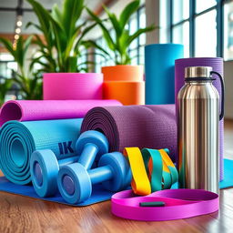 A vibrant and dynamic display featuring a variety of fitness and wellness gear, including colorful yoga mats, sleek dumbbells, a stylish foam roller, resistance bands in various sizes, and a premium stainless steel water bottle