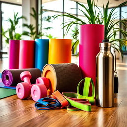 A vibrant and dynamic display featuring a variety of fitness and wellness gear, including colorful yoga mats, sleek dumbbells, a stylish foam roller, resistance bands in various sizes, and a premium stainless steel water bottle
