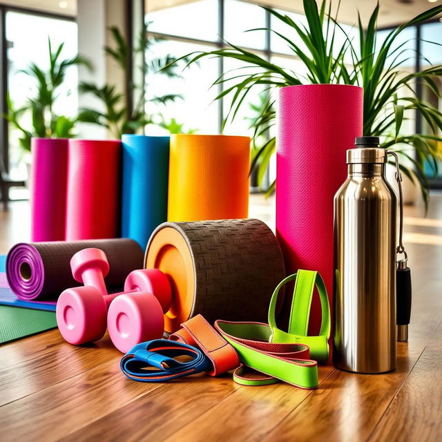 A vibrant and dynamic display featuring a variety of fitness and wellness gear, including colorful yoga mats, sleek dumbbells, a stylish foam roller, resistance bands in various sizes, and a premium stainless steel water bottle