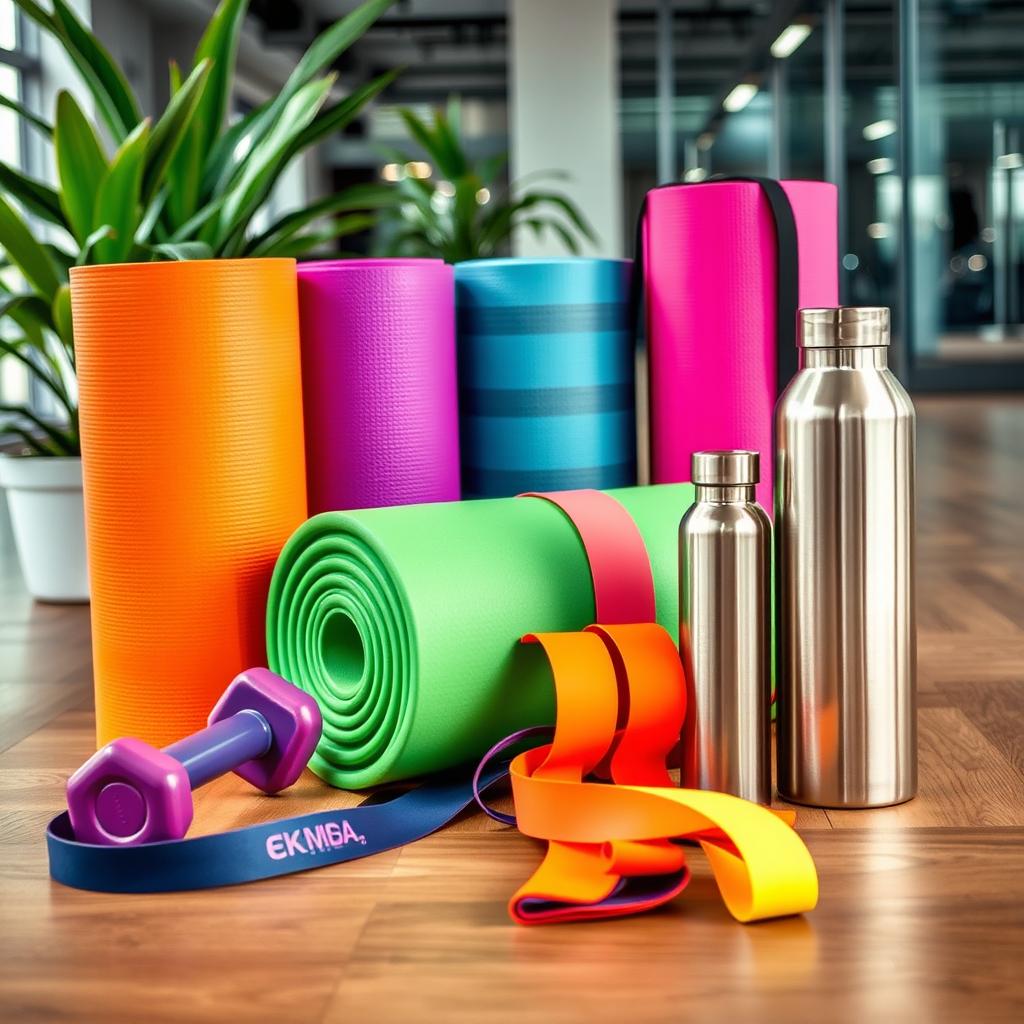 A vibrant and dynamic display featuring a variety of fitness and wellness gear, including colorful yoga mats, sleek dumbbells, a stylish foam roller, resistance bands in various sizes, and a premium stainless steel water bottle