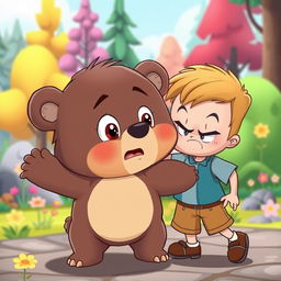 A cartoon scene featuring a kind-hearted bear character, with a gentle and warm expression, being angrily pushed away by a cartoonish little boy