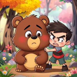 A cartoon scene featuring a kind-hearted bear character, with a gentle and warm expression, being angrily pushed away by a cartoonish little boy