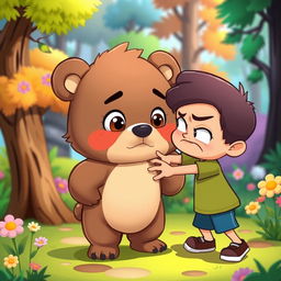 A cartoon scene featuring a kind-hearted bear character, with a gentle and warm expression, being angrily pushed away by a cartoonish little boy