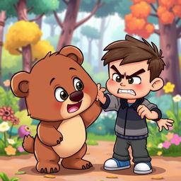 A cartoon scene featuring a kind-hearted bear character, with a gentle and warm expression, being angrily pushed away by a cartoonish little boy