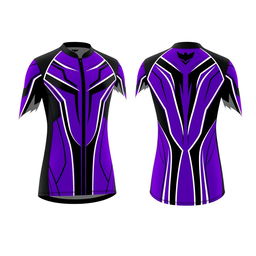A mockup design for a motor riding long jersey, featuring a striking color scheme of purple, black, and white