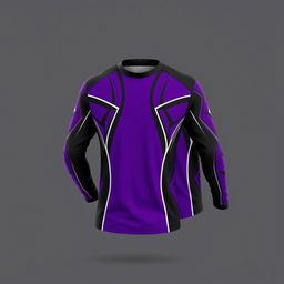 A mockup design for a motor riding long jersey, featuring a striking color scheme of purple, black, and white