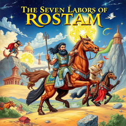 The Seven Labors of Rostam, a celebrated Persian hero from the Shahnameh, illustrated in a captivating and richly detailed style