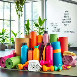 A vibrant display of fitness and wellness gear, including colorful yoga mats, stylish water bottles, resistance bands, dumbbells, and gym towels arranged aesthetically