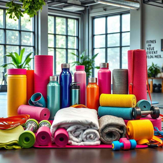 A vibrant display of fitness and wellness gear, including colorful yoga mats, stylish water bottles, resistance bands, dumbbells, and gym towels arranged aesthetically