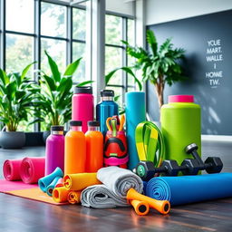 A vibrant display of fitness and wellness gear, including colorful yoga mats, stylish water bottles, resistance bands, dumbbells, and gym towels arranged aesthetically